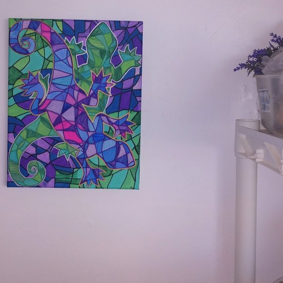 Abstract Style Painting Of Two Purple & Green Geckos Hand Painted 14x11 Canvas - Picture 7 of 16
